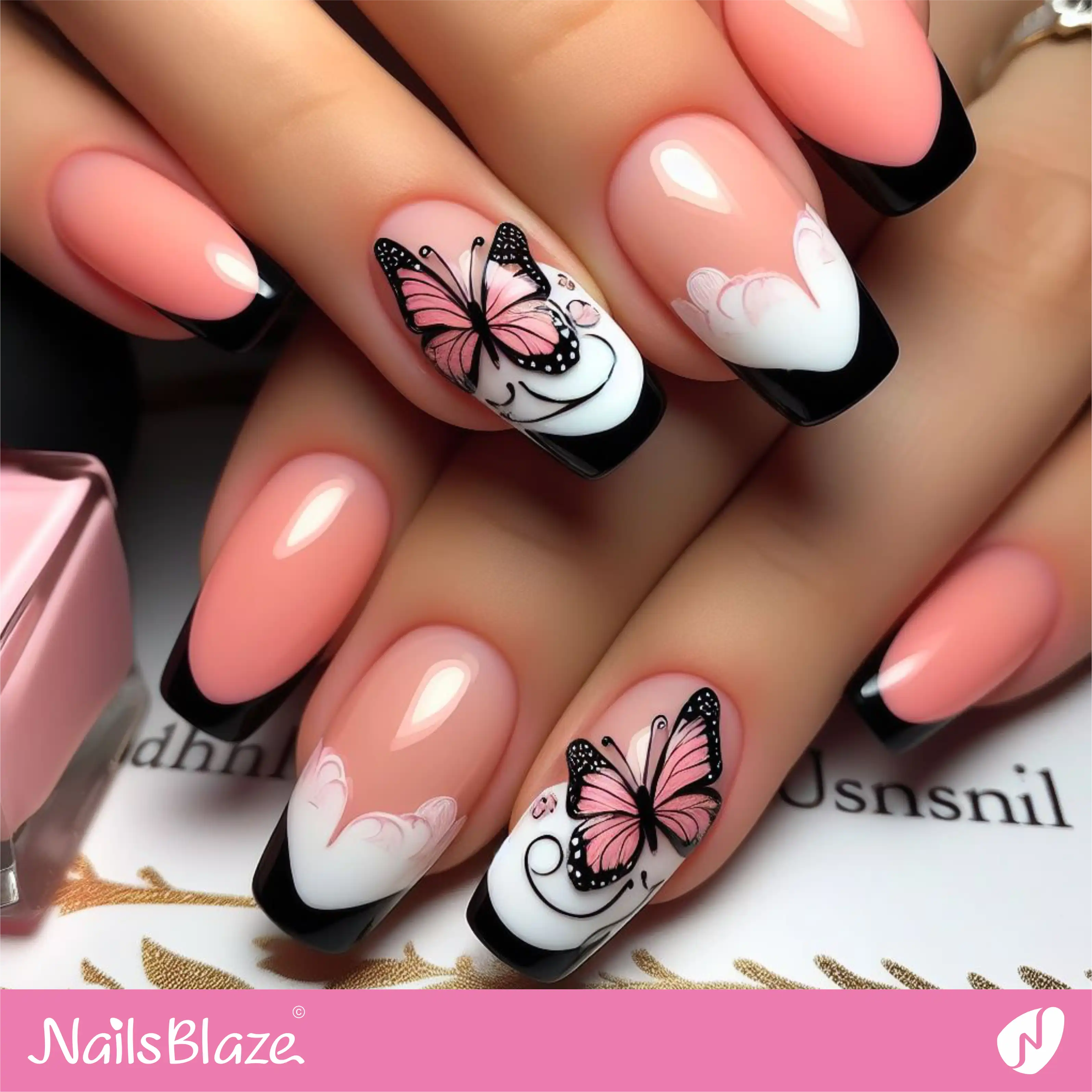 Peach Fuzz Butterfly Nails with Black Tips | Color of the Year 2024 - NB1795